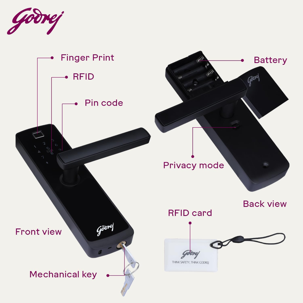 Godrej Smart Lock I Catus Connect I Digital Lock for Wooden Door |5 in 1 Access IWiFi I Fingerprint I RFID Card I PIN Access I Mechanical KeyI 3 Dead Bolts I Black I 3 Yrs Warranty| Free Installation